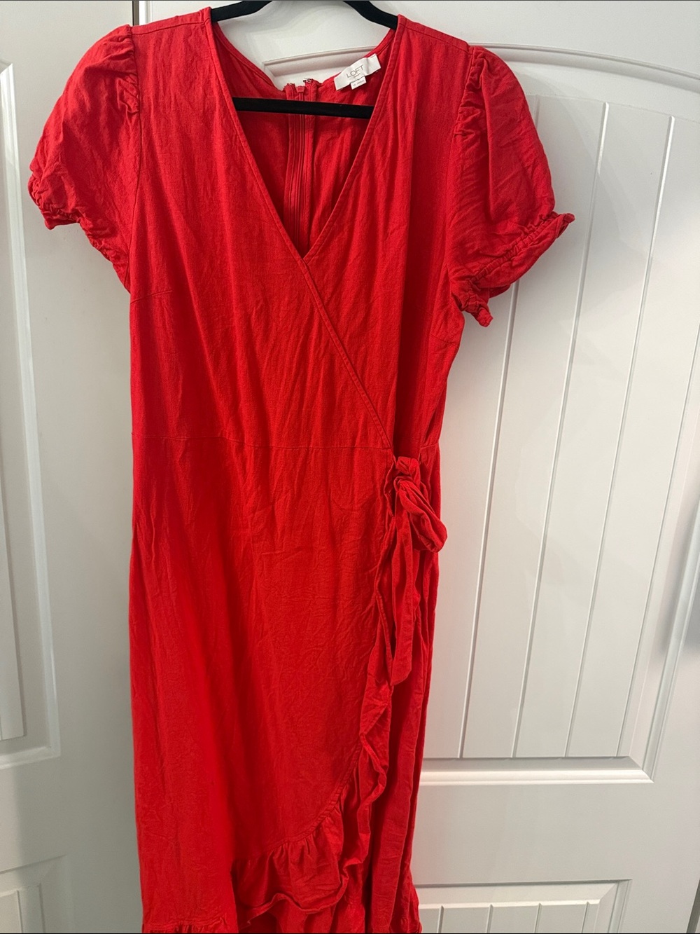 LOFT Red Wrap Midi Dress with Ruffle Detail